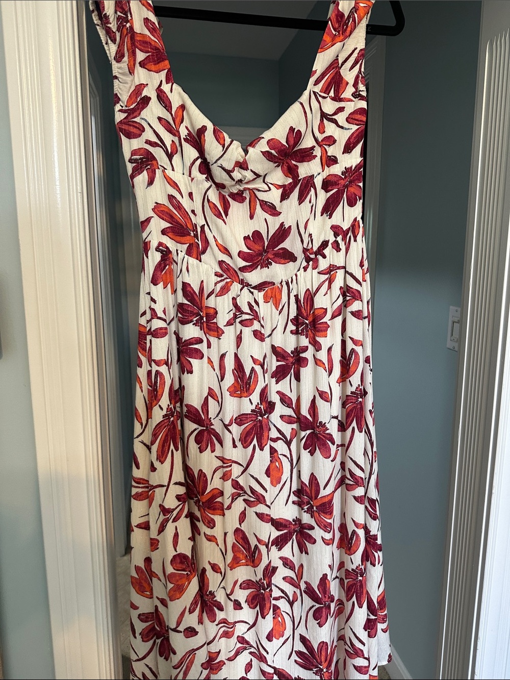 Sage White Maxi Dress with Red & Orange Floral Print